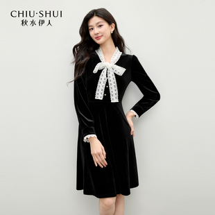 复古风丝绒连衣裙蝴蝶结蕾丝裙子 秋水伊人法式 大粒儿粉丝专享