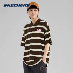 男舒适透气条纹短袖 Skechers斯凯奇2025夏休闲POLO衫 T恤L223M170