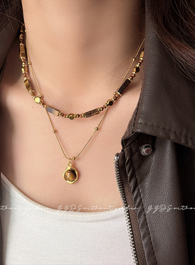 复古美拉德串珠虎眼石款吊坠项链