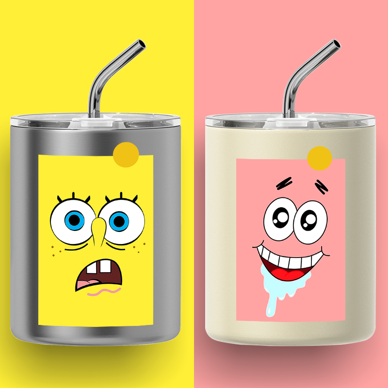 卡通可爱咖啡保温杯派大星海绵宝宝水杯子趣味学生儿童保冷带吸管