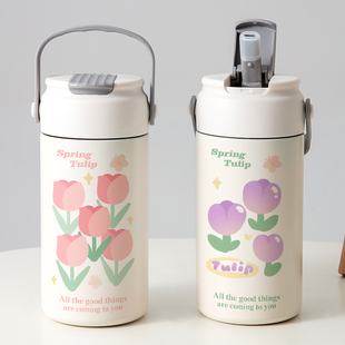 ins紫色吸管保温杯小众郁金香花朵简约小清新女神新款水杯子便携