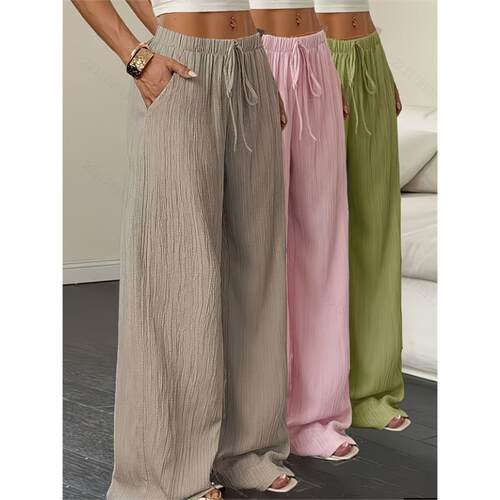 2026 women's textured fabric wide-leg pants with pockets
