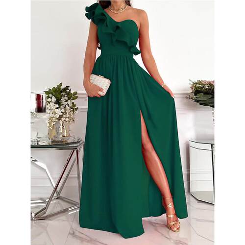 Off-Shoulder Ruffle Hem Slit Dress露肩荷叶边下摆开叉连衣长裙