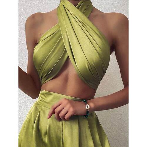 Solid halter neck off-the-shoulder T-shirt纯色挂脖露肩小吊带