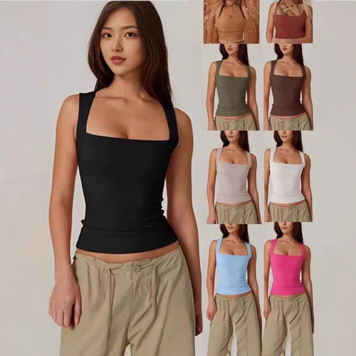 Women's tank top with square collar and exposed navel