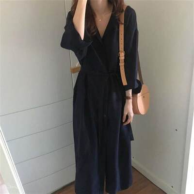 Lazy style loose lapel windbreaker coat long strappy dress