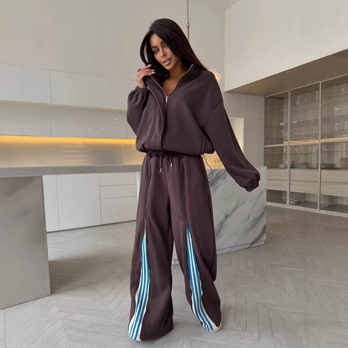 欧美拉条撞色卫衣直筒长裤两件套Hoodie straight leg pants set