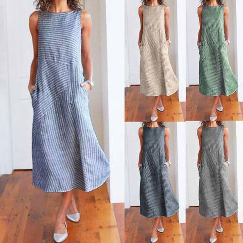 Cotton linen dress速卖通跨境简约条纹棉麻宽松连衣裙无袖A字裙