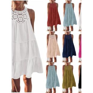 Summer women's hollowed out lace hanging neck dress 挂脖短裙