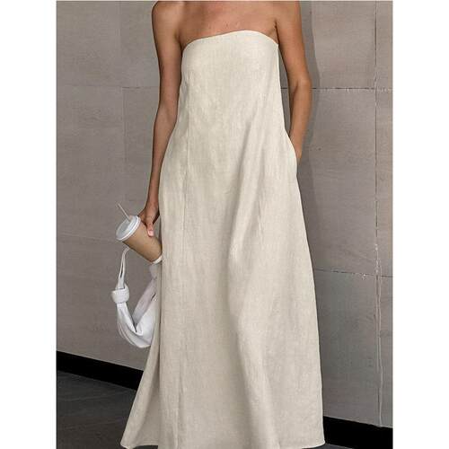 棉麻抹胸度假风法式高腰口袋露背连衣裙Bandeau backless dress