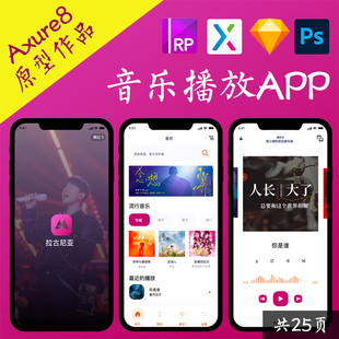 25页Axure交互原型.rp音乐播放软件APP高保真动态面板figma设计稿