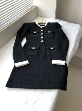 2025早春新款黑撞白气质小香风亮片针织连衣裙短裙