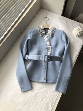 2025秋冬新款法式小香风气质珍珠蕾丝领边短外套