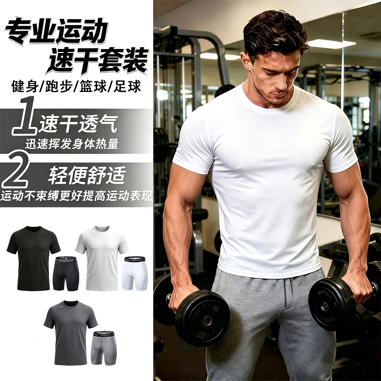 专业运动速干套装男健身跑步篮球五分裤透气紧身训练服高弹短袖夏