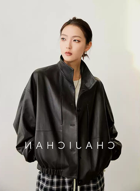 2025秋季新款立体复古廓形绵羊皮立领夹克女帅气简约风短款外套女
