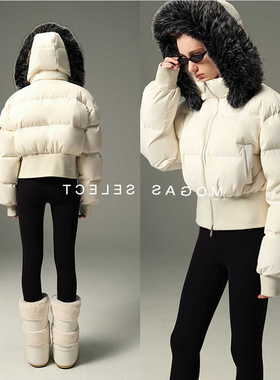 时尚保暖白鸭绒短款收腰真狐狸毛领2025冬季新款连帽羽绒服外套女