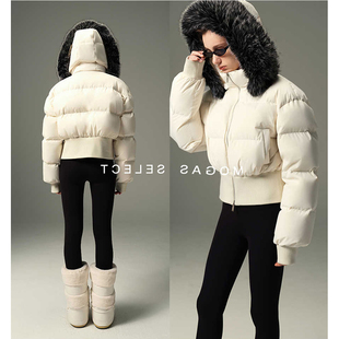 时尚保暖白鸭绒短款收腰真狐狸毛领2025冬季新款连帽羽绒服外套女