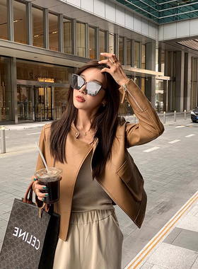 2025春秋季新款拉链绵羊皮立领街头修身型长袖真皮皮衣短款外套女