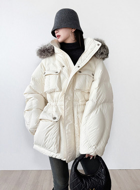 欧美时尚2025冬季新款95白鹅绒保暖中长款银狐大毛领羽绒服外套女