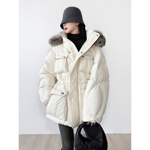 欧美时尚2025冬季新款95白鹅绒保暖中长款银狐大毛领羽绒服外套女