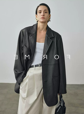 2025秋季新款高端无涂小羊皮皮衣女复古老钱风宽松真皮西装外套女