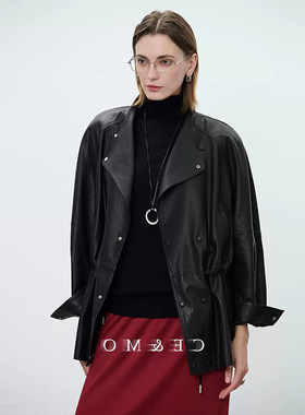 2025秋季新款设计感黑色小羊皮翻领收腰老钱风真皮夹克皮衣外套女