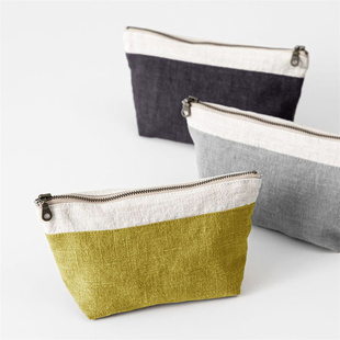 100%亚麻面料拼色拉链化妆包便携收纳包高级感洗漱袋小号20x14cm