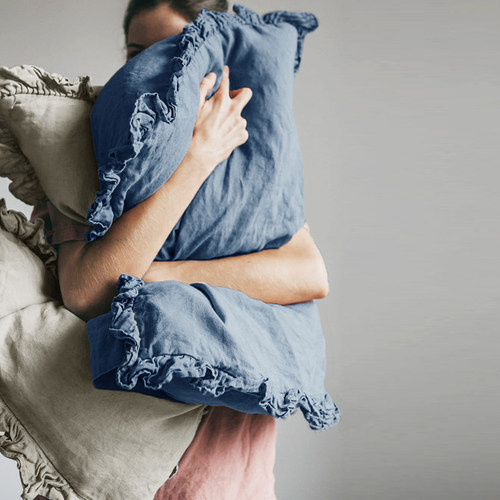 100%亚麻荷叶边纯色女手工枕套