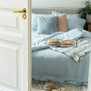 双人床床笠三件套纯色亲肤床品定制 亚麻四件套床单款 2024夏季 新款