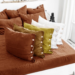 北欧风亚麻枕套纯色纽扣装 可定制 饰吸汗透气48x74cm枕头套单支装