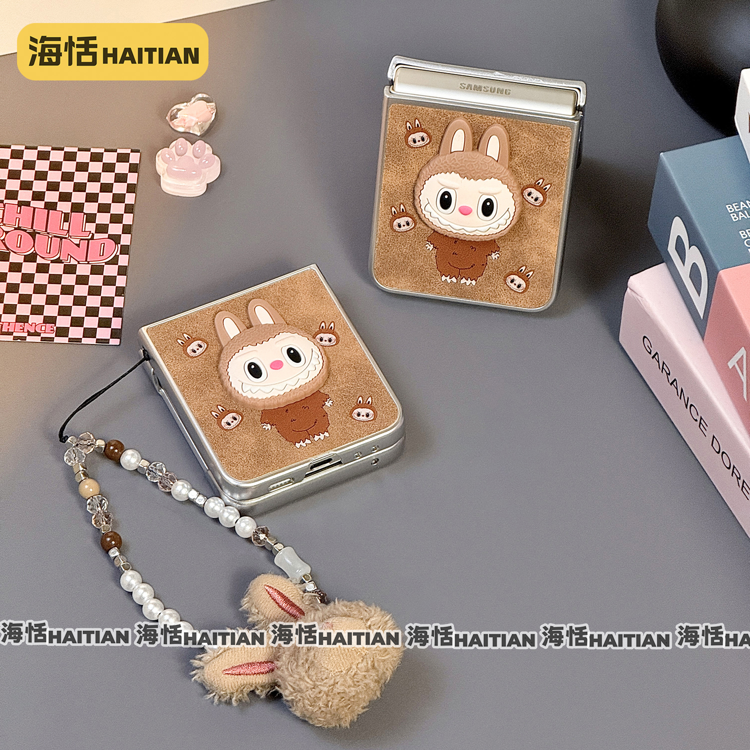 立体拉布布电镀皮纹折叠屏手机壳