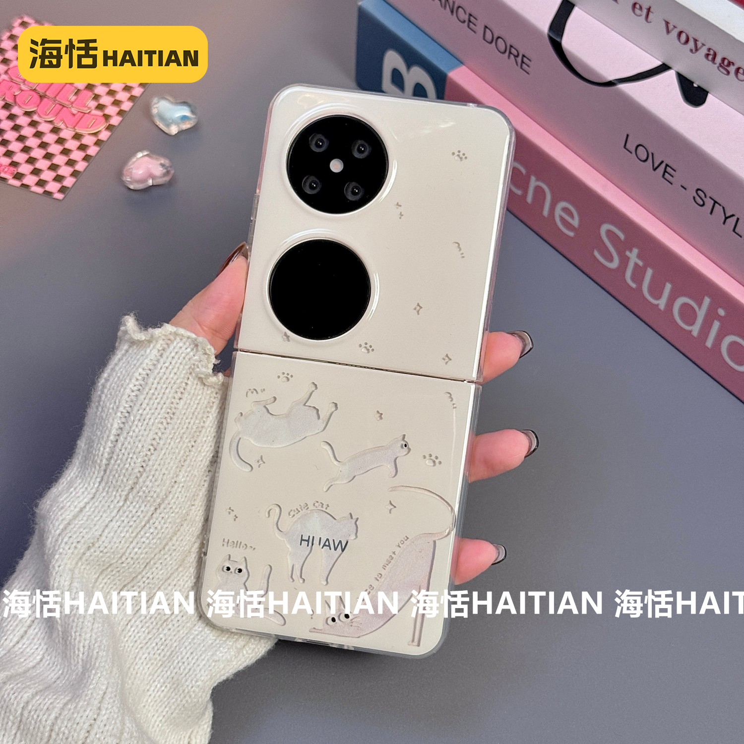 新款卡通镂空小猫咪折叠屏手机壳