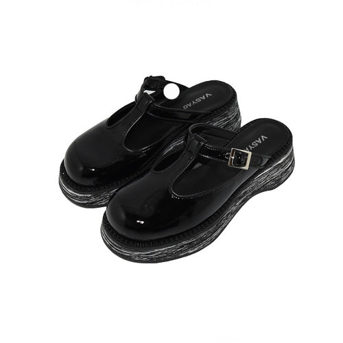 VASYAO法式小众T型扣厚底玛丽珍半拖鞋外穿时尚潮流百搭穆勒鞋潮