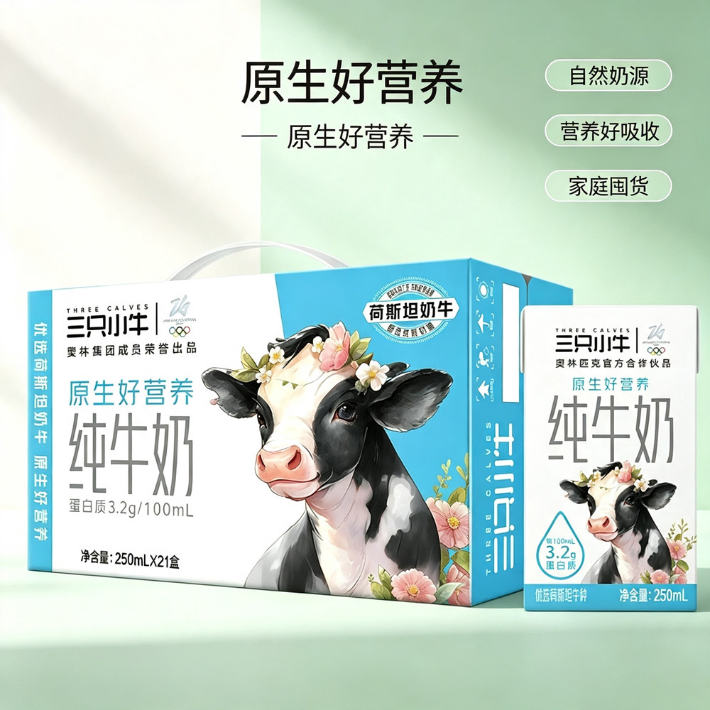 现代牧业三只小牛纯牛奶整箱批发250ml*21盒