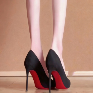 2026秋季新款性感黑色绒面红底尖头细跟高跟鞋职业通勤工作单鞋女