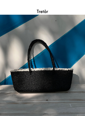 Tretar 手工编织黑白撞色法棍包 拉菲草轻便腋下包草编包