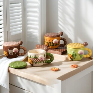 ins风家用磁吸带把马克杯可爱陶瓷大容量咖啡水杯带盖勺高颜值女