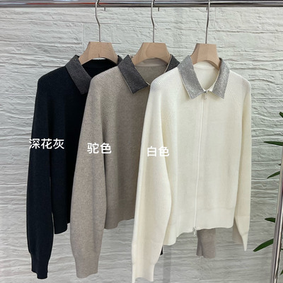 2025新款BC休闲时尚翻领珠链羊毛开衫