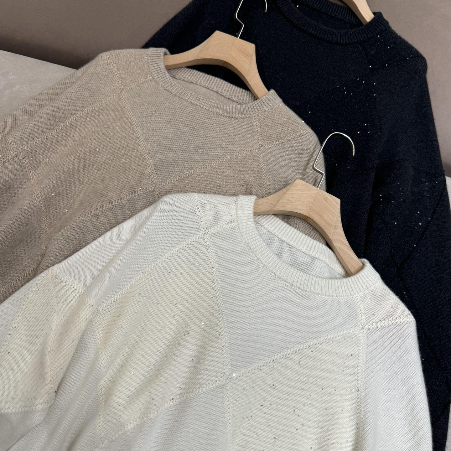 欧货新款BC菱格亮片圆领羊绒衫