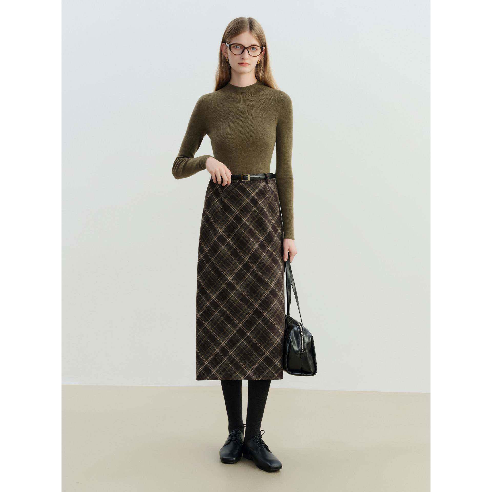 小个子覆古格纹直筒半身裙女202HVJ秋冬新巧款中长5款覆自古毛呢