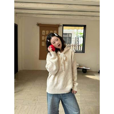 带F蕾N 丝拼接系蝴蝶结连帽针织衫毛衣女秋季IVD新款小众设计感A