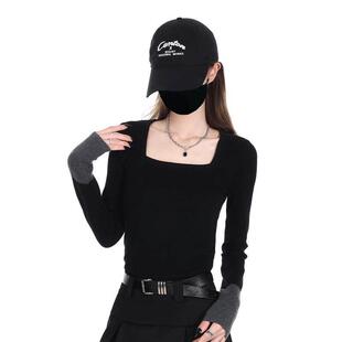 针202修4冬季韩版身毛衣上衣女可外穿黑色方领内搭207 毛衣收腰保