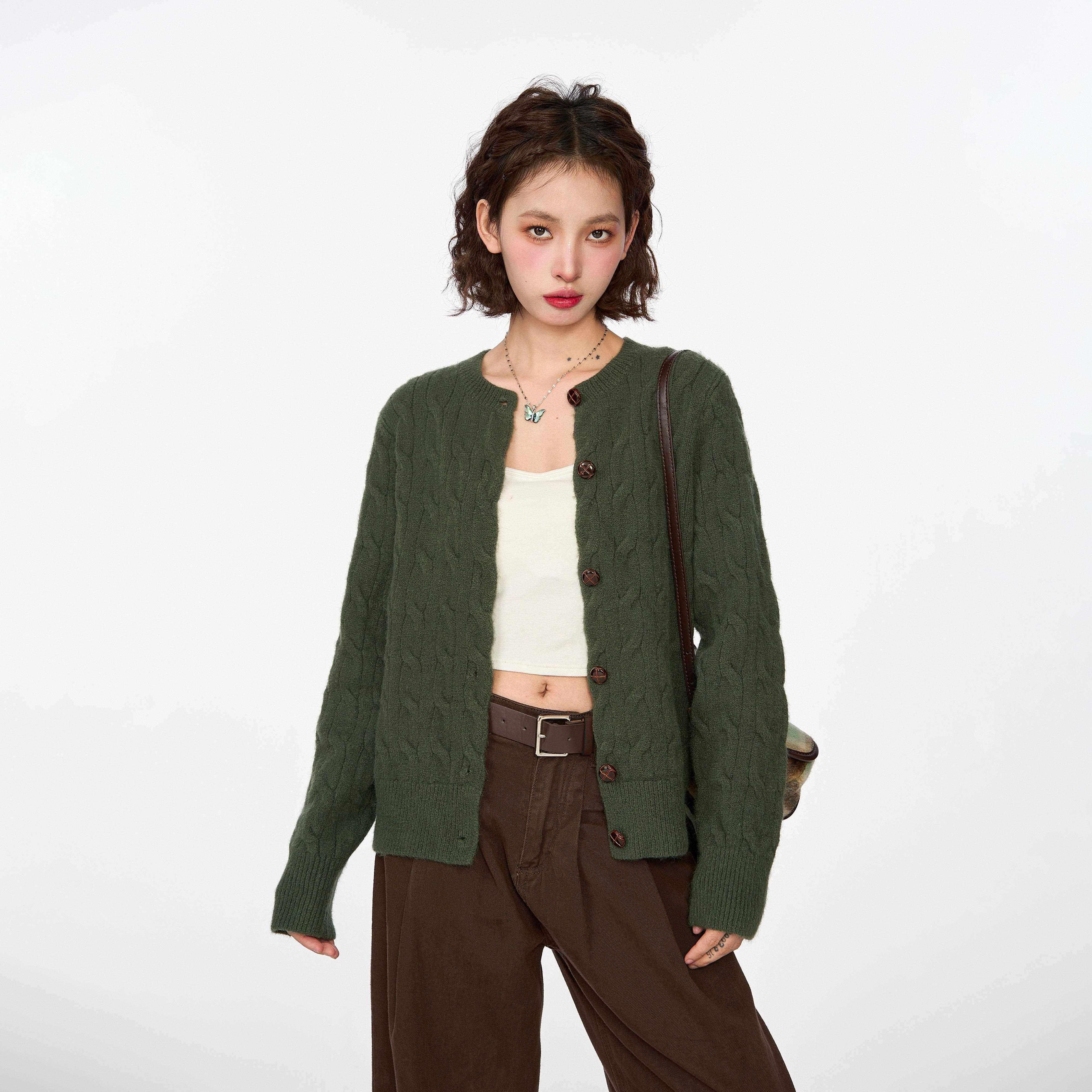 复古绿色麻衣开衫外套花女秋冬冬季秋装羊内搭短款MZZS0000毛毛针