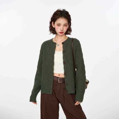 复古绿色麻衣开衫外套花女秋冬冬季秋装羊内搭短款MZZS0000毛毛针