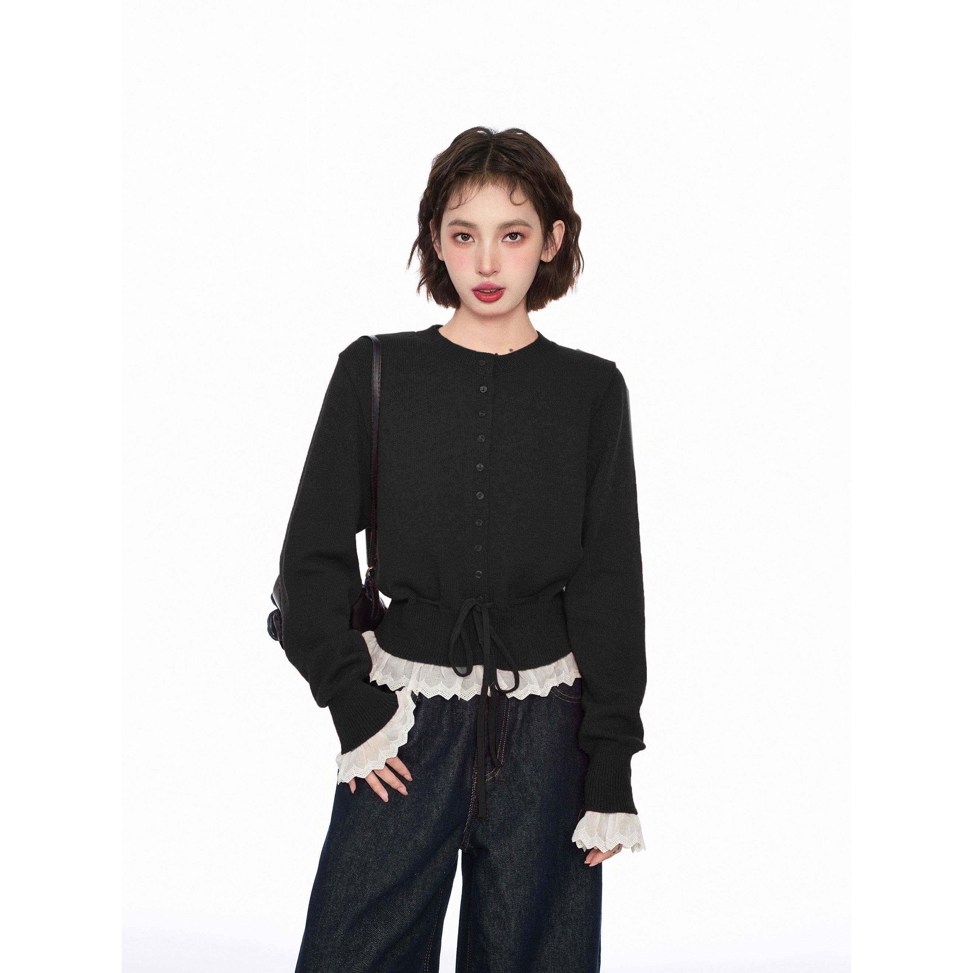 黑色假两件丝边针织花衣女秋UEK冬季小个子打底内搭短版开襟外套