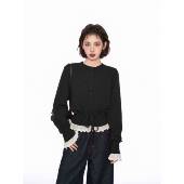 黑色假两件丝边针织花衣女秋UEK冬季 开襟外套 小个子打底内搭短版