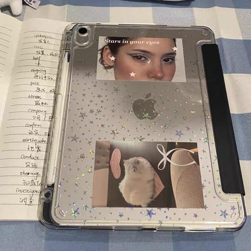 黑色星星韩系原创插画ipad壳3+y折平板保护套防弯亚克力背板适用于ipad苹果air4567pro11寸A16笔槽