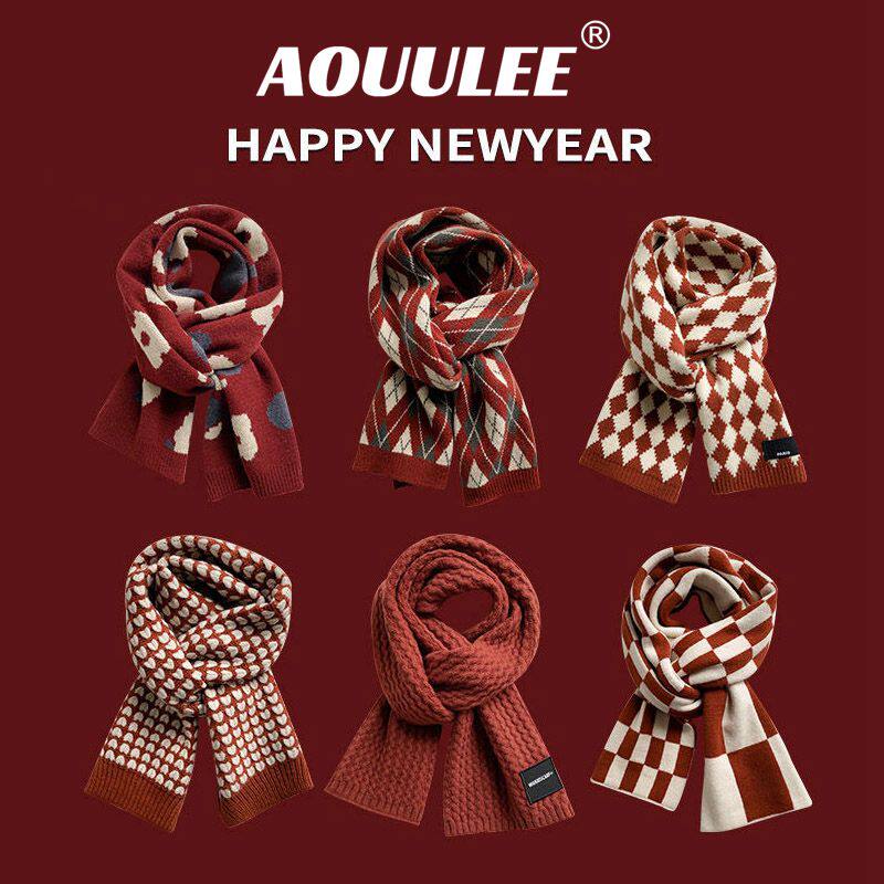 Aouu Lee红色新年围巾女冬季圣诞龙年针织毛线围脖加厚保暖学生潮