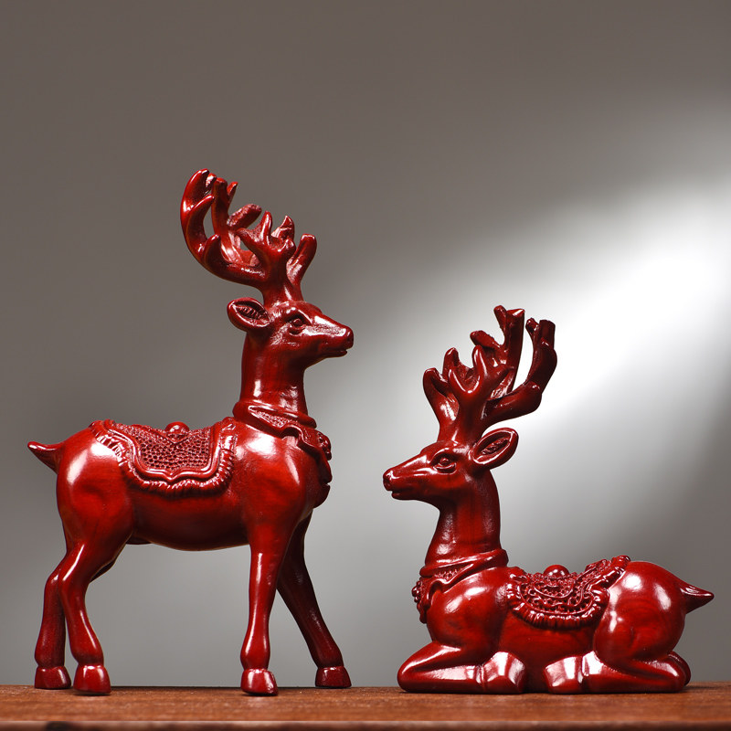 红花梨木雕梅花鹿摆件实木一对家居客厅桌面摆设办公酒柜装饰礼品