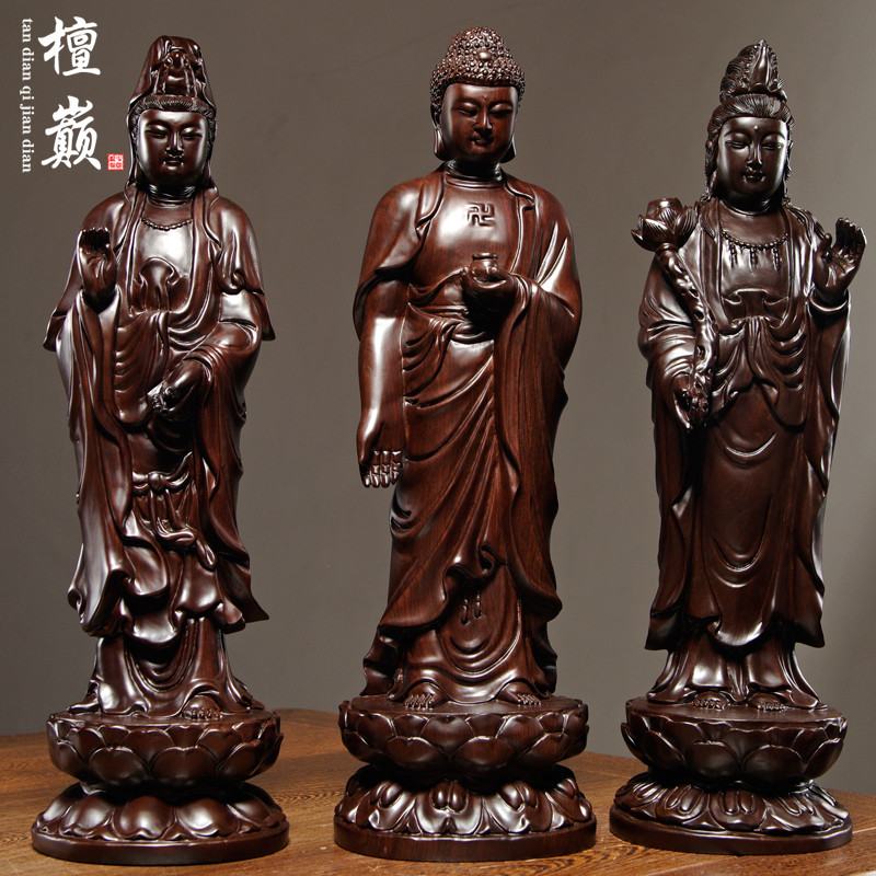 黑檀木雕西方三圣佛像摆件实木质雕刻家居客厅佛堂玄关装饰工艺品